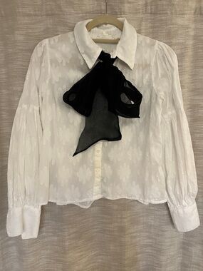 Anthropologie White Textured Puff-Sleeve Button-Down with Black Bow